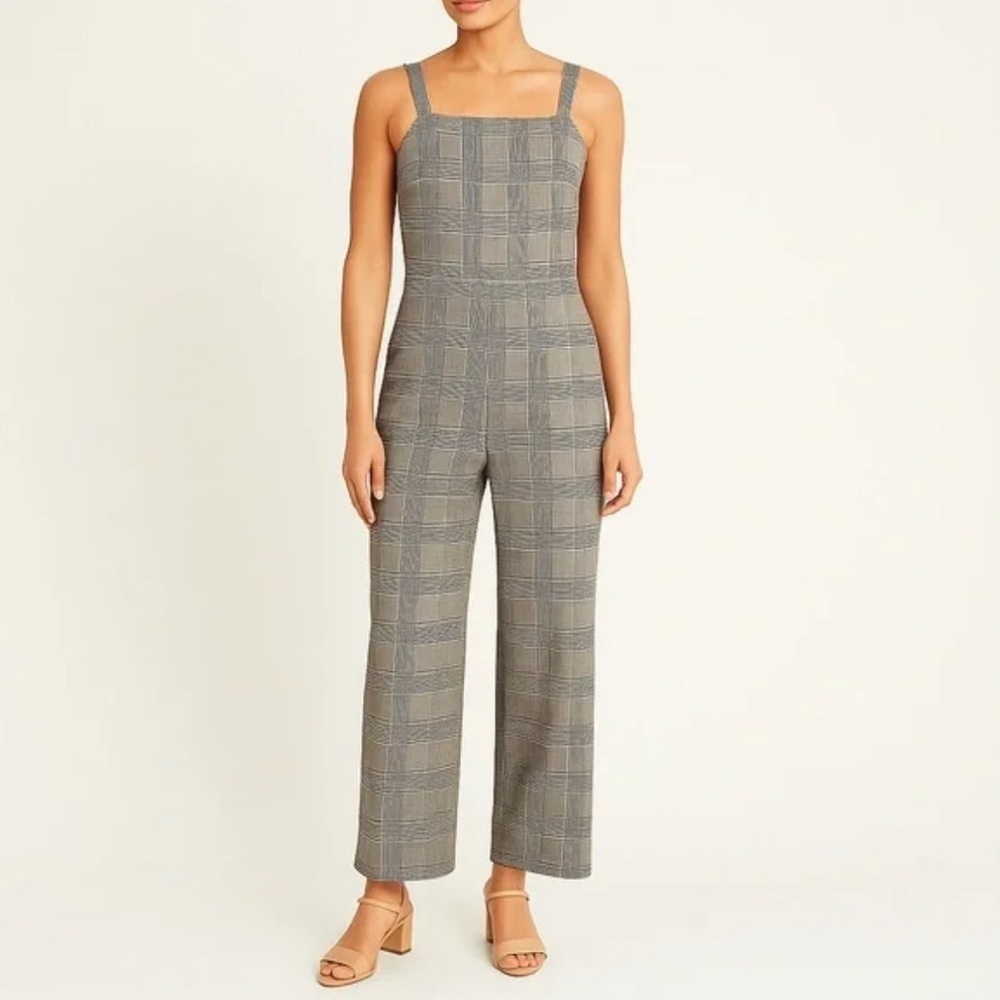 Anthropologie Gray and Black Chic Plaid Jumpsuits Straight Leg Sz XXS Stretchy